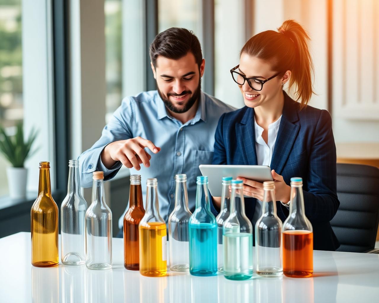 Hands examining a custom glass bottle sample in a workshop setting