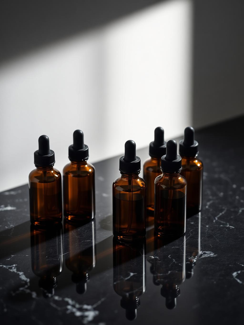 Amber pharmaceutical glass dropper bottles on dark marble