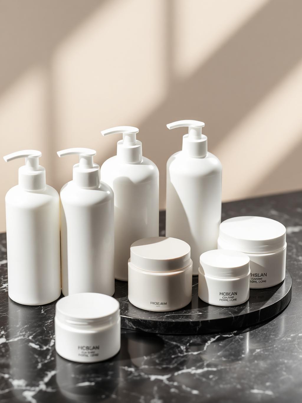 Frosted white cosmetic lotion bottles and matte jars on dark marble