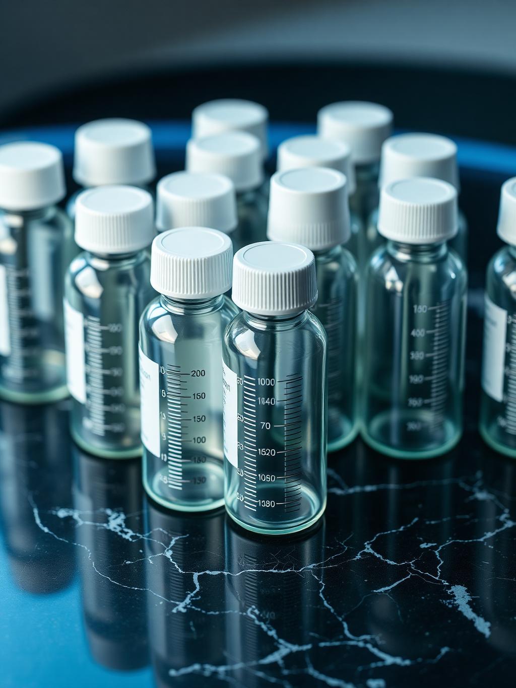 Clear laboratory reagent glass bottles with measurement lines