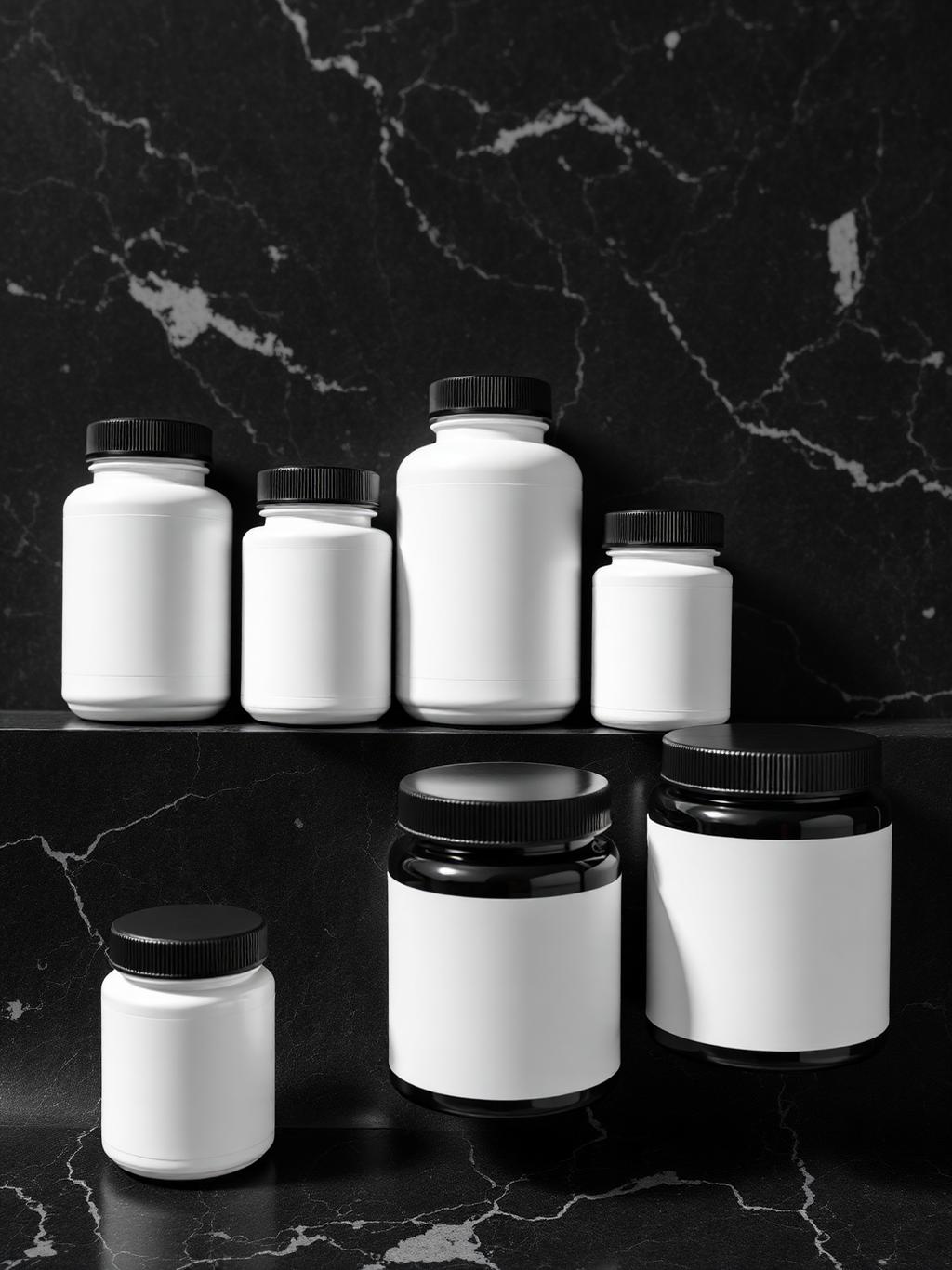 White HDPE plastic medicine bottles and supplement jars on dark marble
