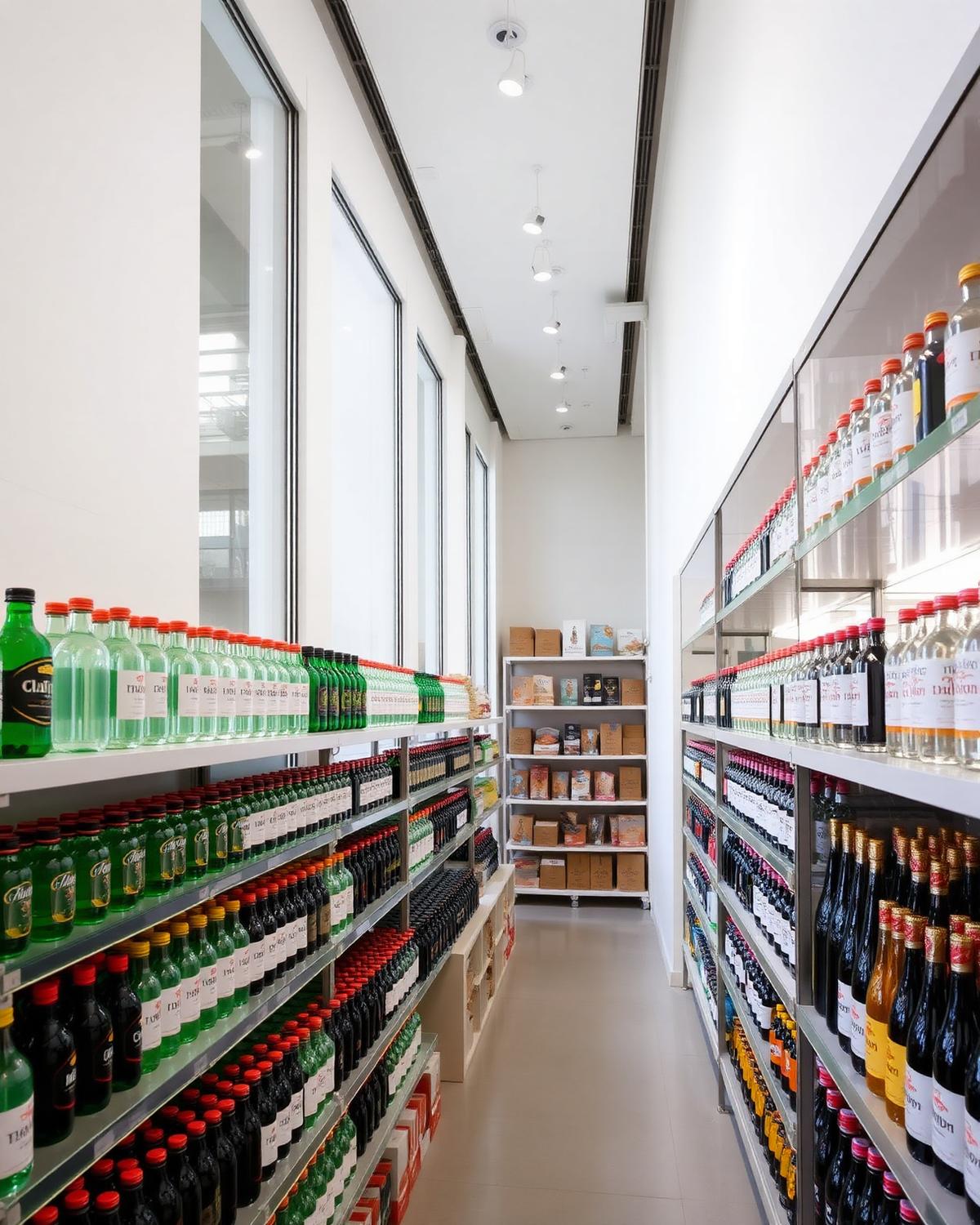 Showroom interior with shelved glass bottles
