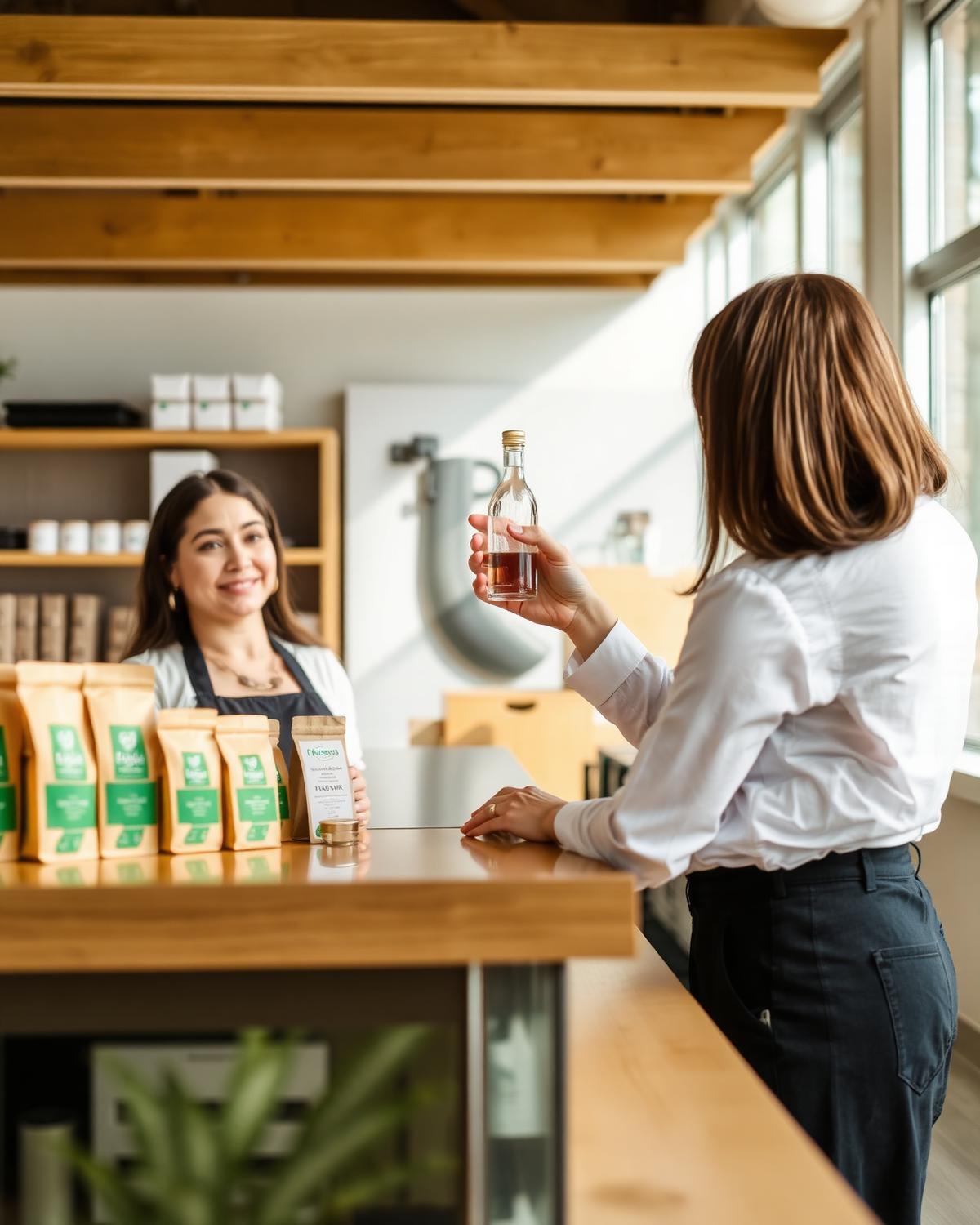 Team member showing a bottle to a customer