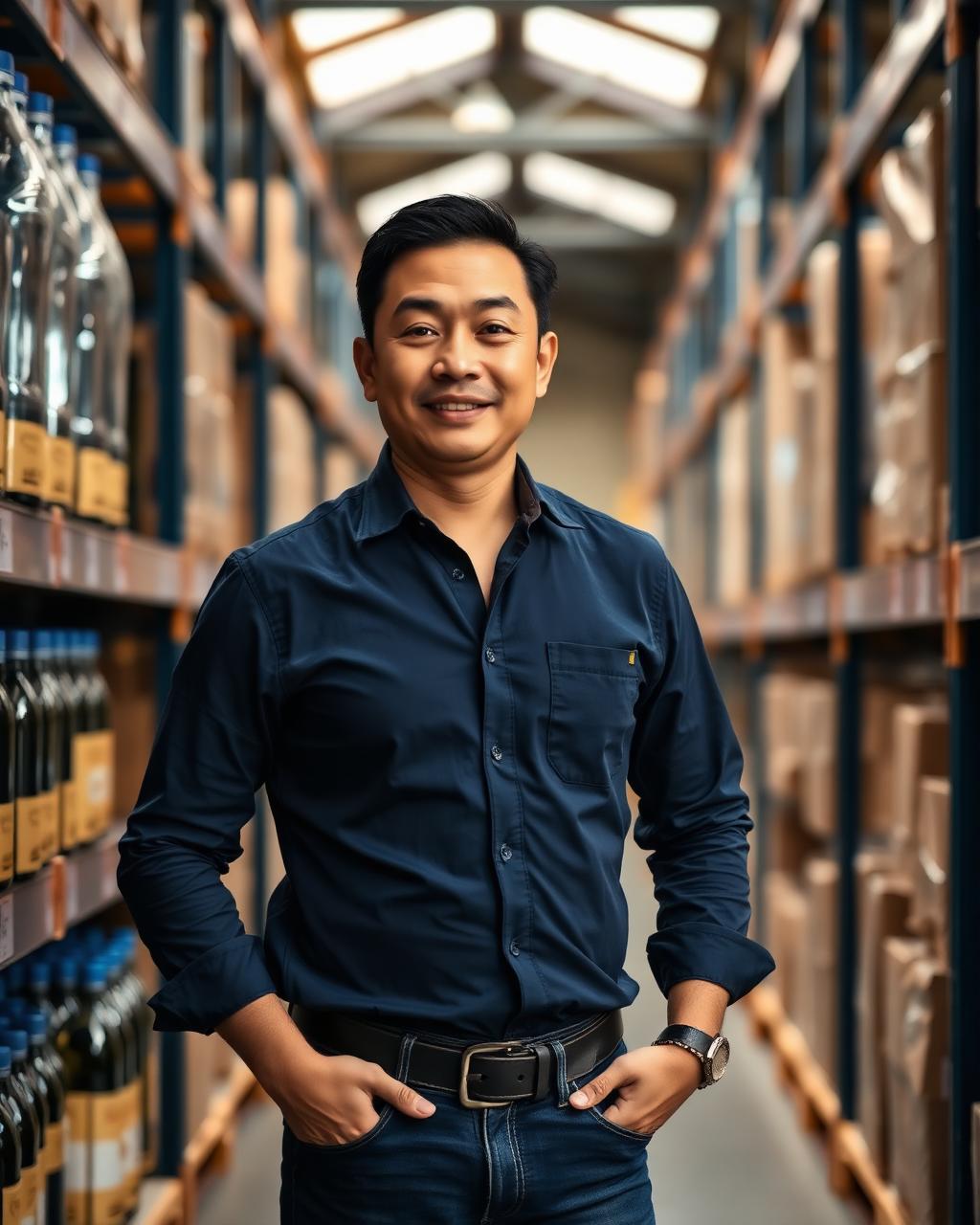 Warehouse floor with shelved bottles